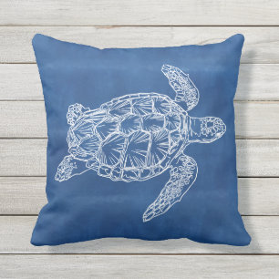 Sea Turtle Blue White Outdoor Pillow