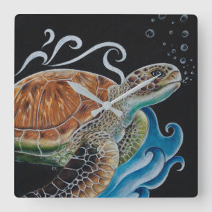 Sea Turtle Bubbles Wave Art Square Wall Clock