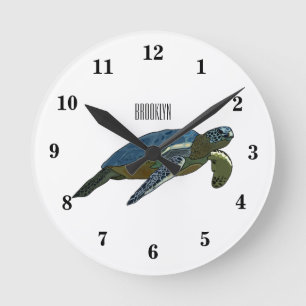 Sea turtle cartoon illustration round clock