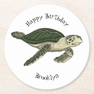 Sea turtle cartoon illustration round paper coaster