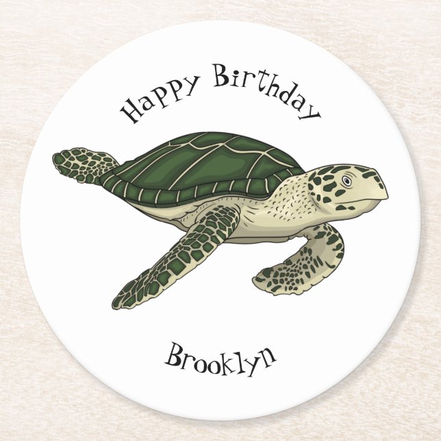 Sea turtle cartoon illustration  round paper coaster (Front)