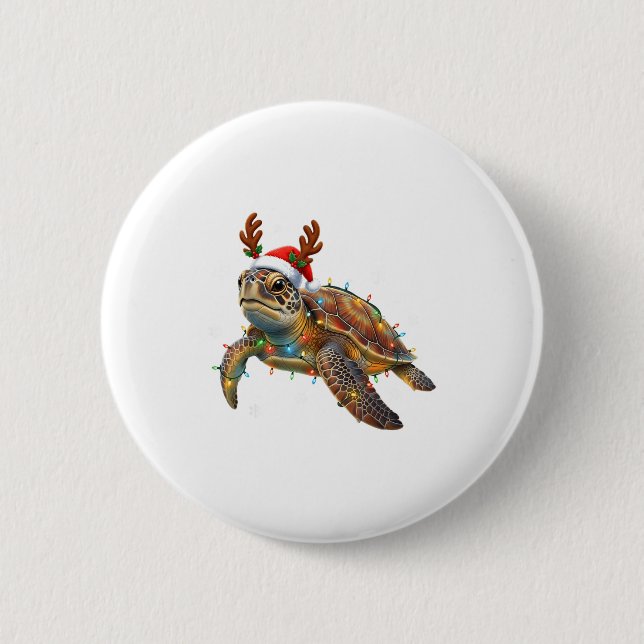 Sea Turtle Christmas Lights Funny Santa Hat Men Wo 2 Inch Round Button (Front)