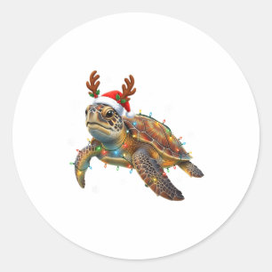 Sea Turtle Christmas Lights Funny Santa Hat Men Wo Classic Round Sticker