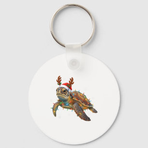 Sea Turtle Christmas Lights Funny Santa Hat Men Wo Keychain