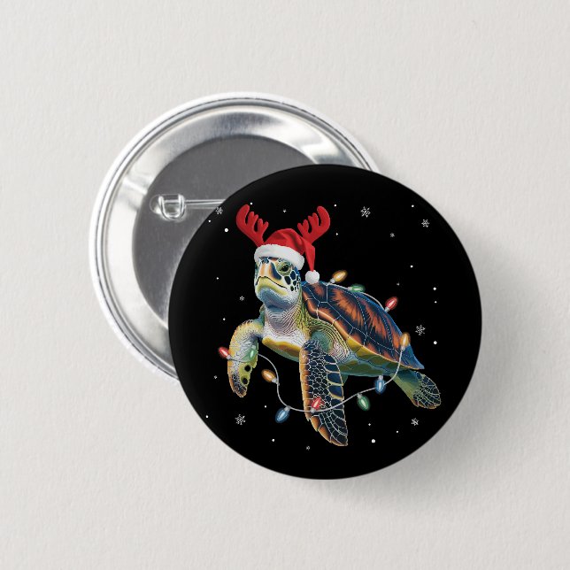 Sea Turtle Christmas Lights Funny Santa Hat Merry  2 Inch Round Button (Front & Back)