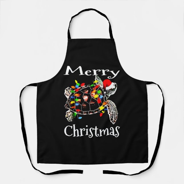 Sea Turtle Christmas Lights Funny Santa Hat Merry Apron (Front)
