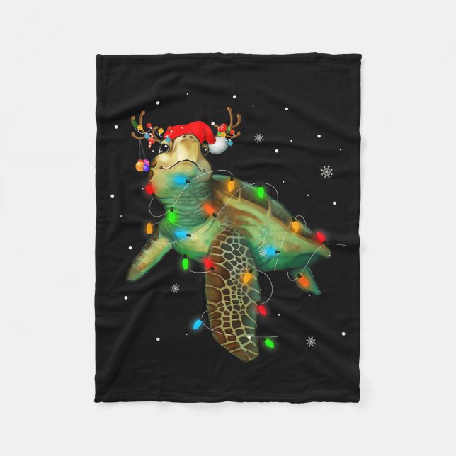 Sea Turtle Christmas Lights Funny Santa Hat Merry  Fleece Blanket (Front)