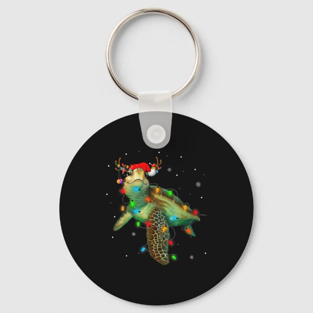 Sea Turtle Christmas Lights Funny Santa Hat Merry  Keychain (Front)