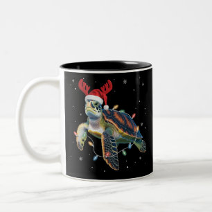 Sea Turtle Christmas Lights Funny Santa Hat Merry Two-Tone Coffee Mug