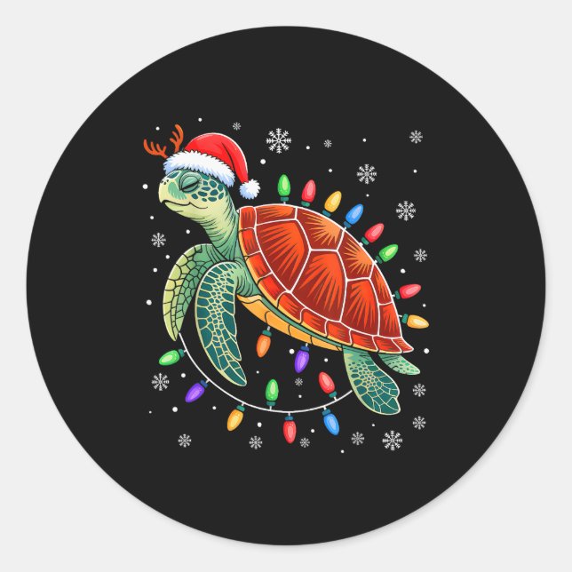 Sea Turtle Christmas Lights Santa Hat Funny Xmas P Classic Round Sticker (Front)
