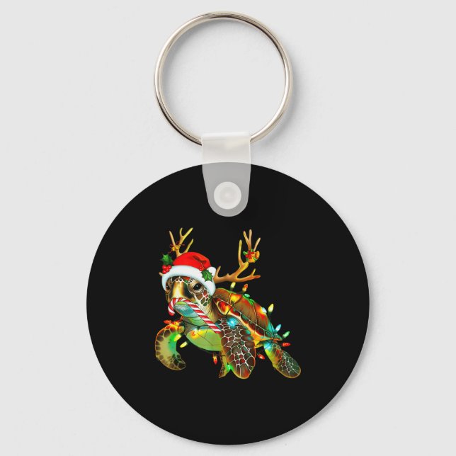 Sea Turtle Christmas Lights Santa Hat Merry Christ Keychain (Front)