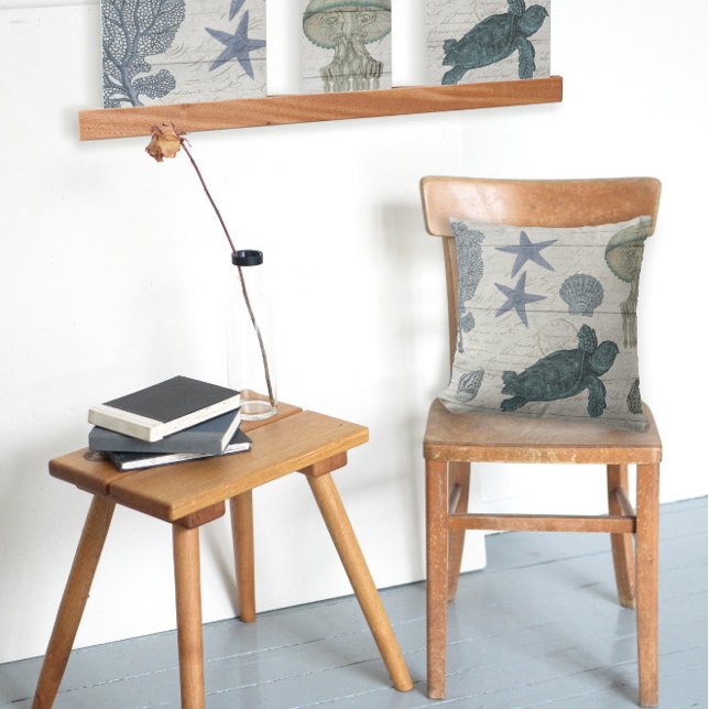 Sea Turtle Coastal Beach Starfish Coral Jellyfish Throw Pillow (Creator Uploaded)