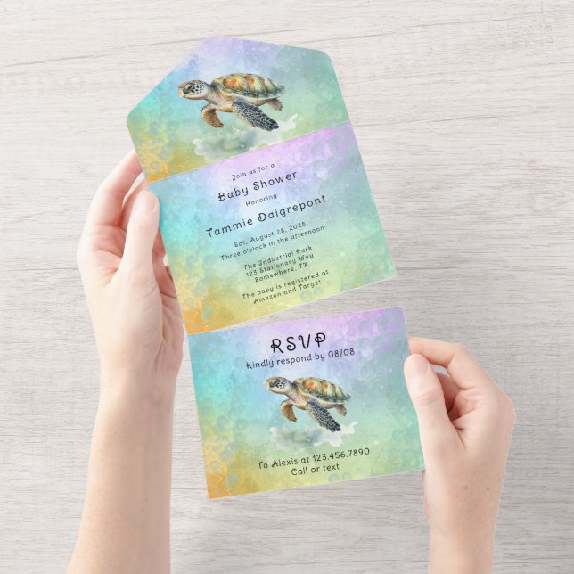 Sea Turtle Colour Bubbles Baby Shower All In One Invitation (Tearaway)