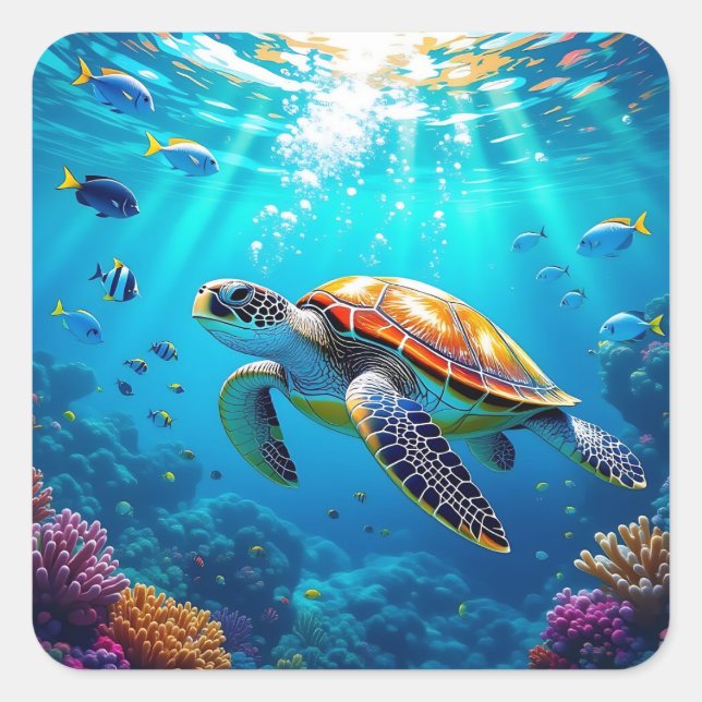 Sea Turtle Colourful Underwater Scene   Square Sticker (Front)