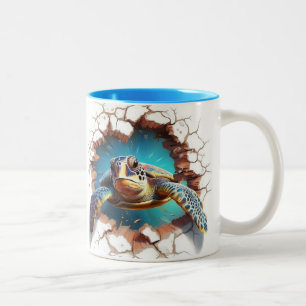 Sea turtle coming out from a wall Two-Tone coffee mug