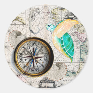 Sea Turtle Compass Vintage Classic Round Sticker