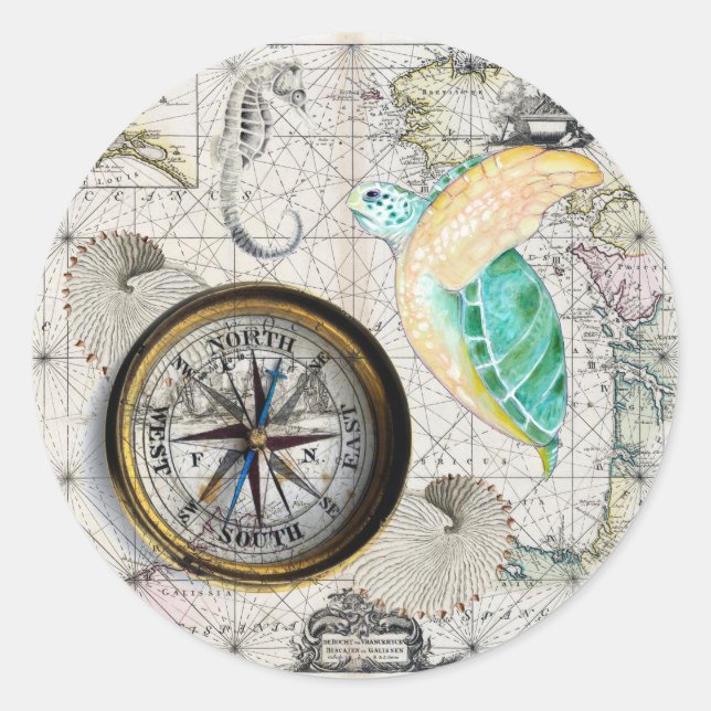 Sea Turtle Compass Vintage Classic Round Sticker (Front)