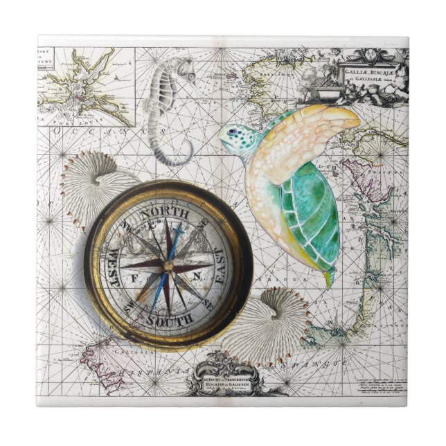 Sea Turtle Compass Vintage Tile (Front)