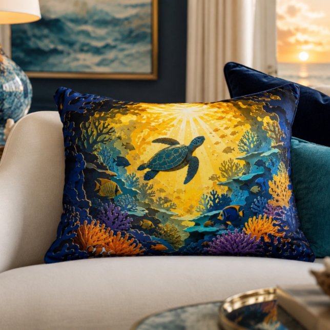 Sea Turtle Coral Reef Accent Pillow (Sea Turtle Coral Reef Art | Papercut Ocean Wall Print)