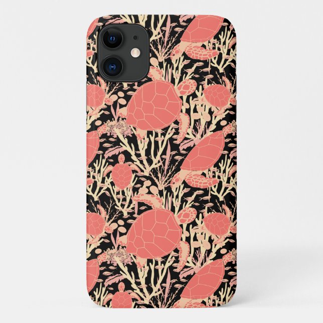 Sea Turtle Coral Reef on Black Patterned Case-Mate iPhone Case (Back)