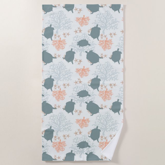 Sea turtle Coral Reef Pattern Beach Towel (Front)
