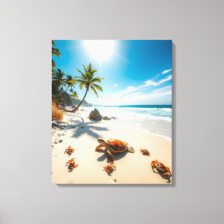 Sea Turtle & Crabs on Tropical Beach – Serene Ocea Canvas Print