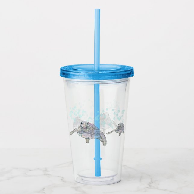 Sea Turtle Cute and Colourful Original Drawing Acrylic Tumbler (Front)