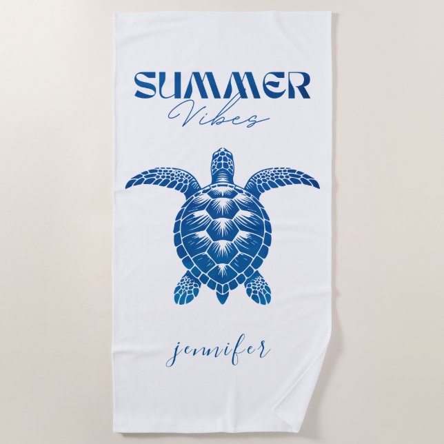 Sea Turtle Dark Blue Watercolor Personalized  Beach Towel (Front)