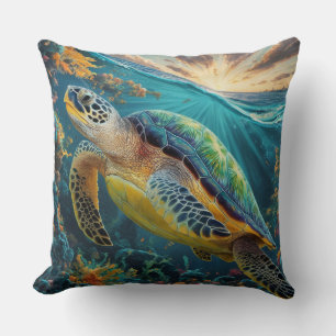 Sea Turtle Diving in the Sea Throw Pillow