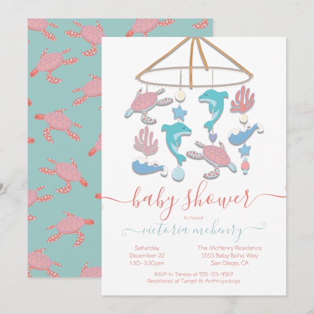 Sea Turtle Dolphin Mobile Baby Shower Invitation (Front/Back)