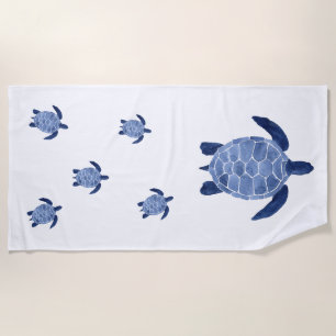Sea Turtle Family in Indigo Beach Towel