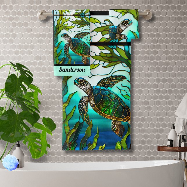 Sea Turtle Faux Stained Glass Bath Towel Set (Creator Uploaded)