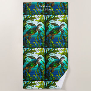 Sea Turtle Faux Stained Glass Beach Towel