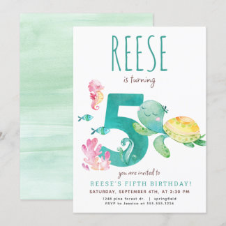 Sea Turtle Fifth Birthday Invitation