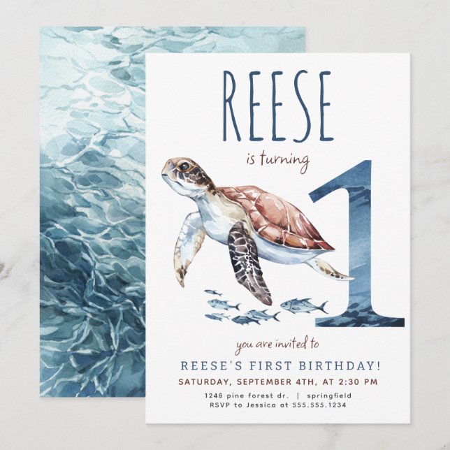 Sea Turtle First Birthday Invitation (Front/Back)
