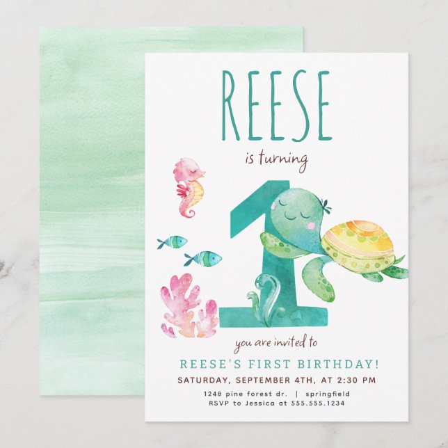Sea Turtle First Birthday Invitation (Front/Back)