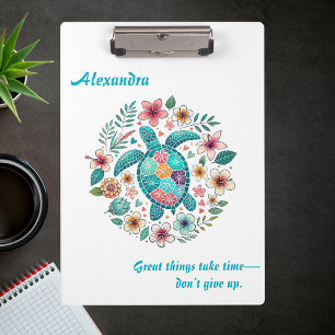 Sea Turtle Floral Boho School Office Name  Clipboard