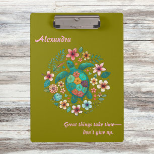 Sea Turtle Floral Boho School Office Name  Clipboard