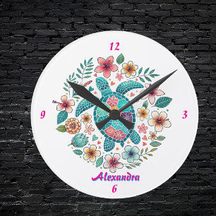 Sea Turtle Floral Boho School Office Name Round Clock