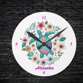 Sea Turtle Floral Boho School Office Name Round Clock