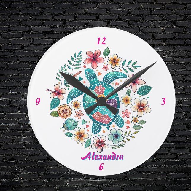 Sea Turtle Floral Boho School Office Name Round Clock (Creator Uploaded)