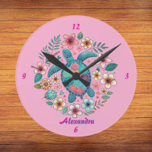 Sea Turtle Floral Boho School Office Name Round