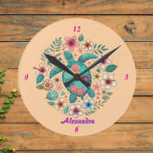 Sea Turtle Floral Boho School Office Name Round