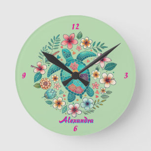 Sea Turtle Floral Boho School Office Name Round Clock