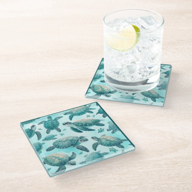 Sea Turtle Friends Glass Coaster (Angled)