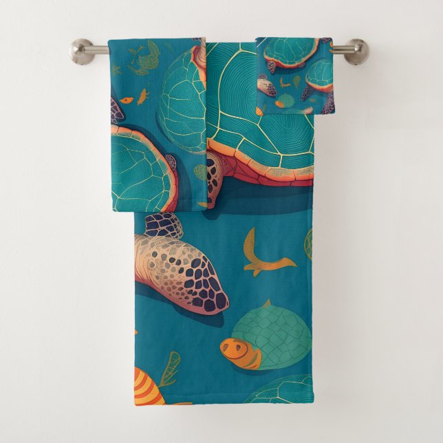 Sea turtle Geometric Colourful Personalized Patter Bath Towel Set (Insitu)