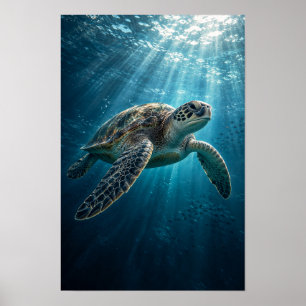 Sea Turtle Gliding Through Sunlit Blue Ocean Marin Poster