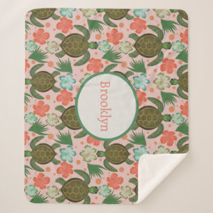 Sea Turtle & Hibiscus Blush Pink Floral Nursery Sherpa Blanket