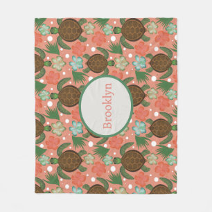 Sea Turtle & Hibiscus Coral Pink Floral Fleece Blanket