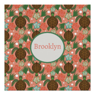 Sea Turtle & Hibiscus Coral Pink Floral Name Poster